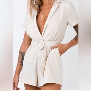 Princess Polly Beige/ Oatmeal Short Sleeve Belted Playsuit Romper Size 8